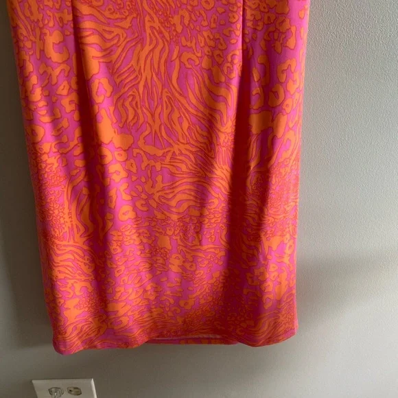Larry Levine Dress Women's S Pink Orange Cocktail Stretch Ruched Chittah Pattern - Picture 9 of 9